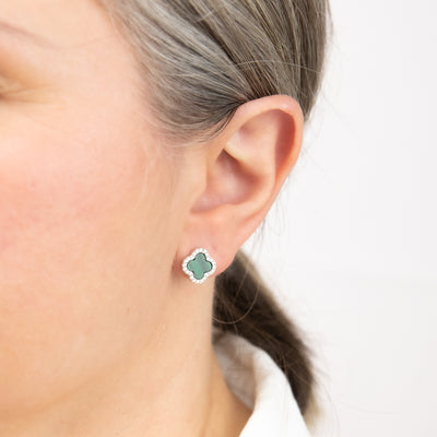 Clover Malachite & White Cubic Zirconia Stud Earrings in Sterling Silver Rhodium Plated