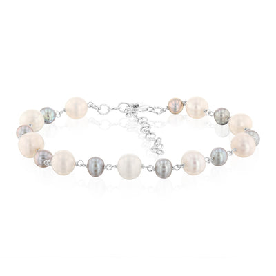 5-8mm Fresh Water White & Grey Pearl Bracelet in Sterling Silver
