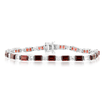 Sterling Silver 14.5 Carat Natural Garnet + White Topaz Fancy Bracelet 18CM