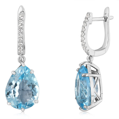 20 Carat Blue Topaz Pear Shaped and White Topaz Drop Earrings in Sterling Silver