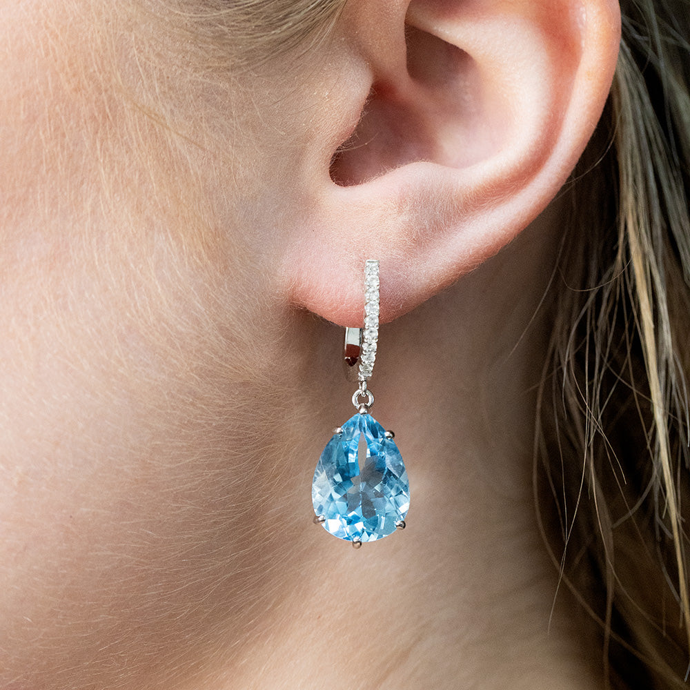 20 Carat Blue Topaz Pear Shaped and White Topaz Drop Earrings in Sterling Silver