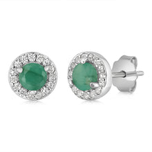 Load image into Gallery viewer, Emerald Halo Stud Earrings in Sterling Silver