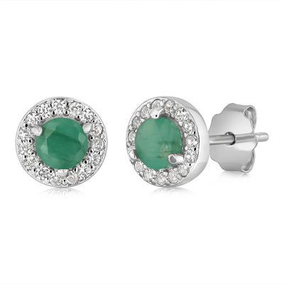 Emerald Halo Stud Earrings in Sterling Silver