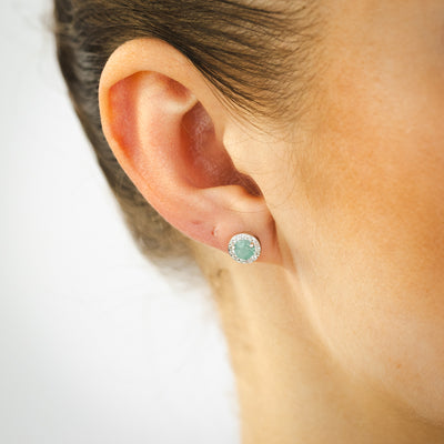 Emerald Halo Stud Earrings in Sterling Silver