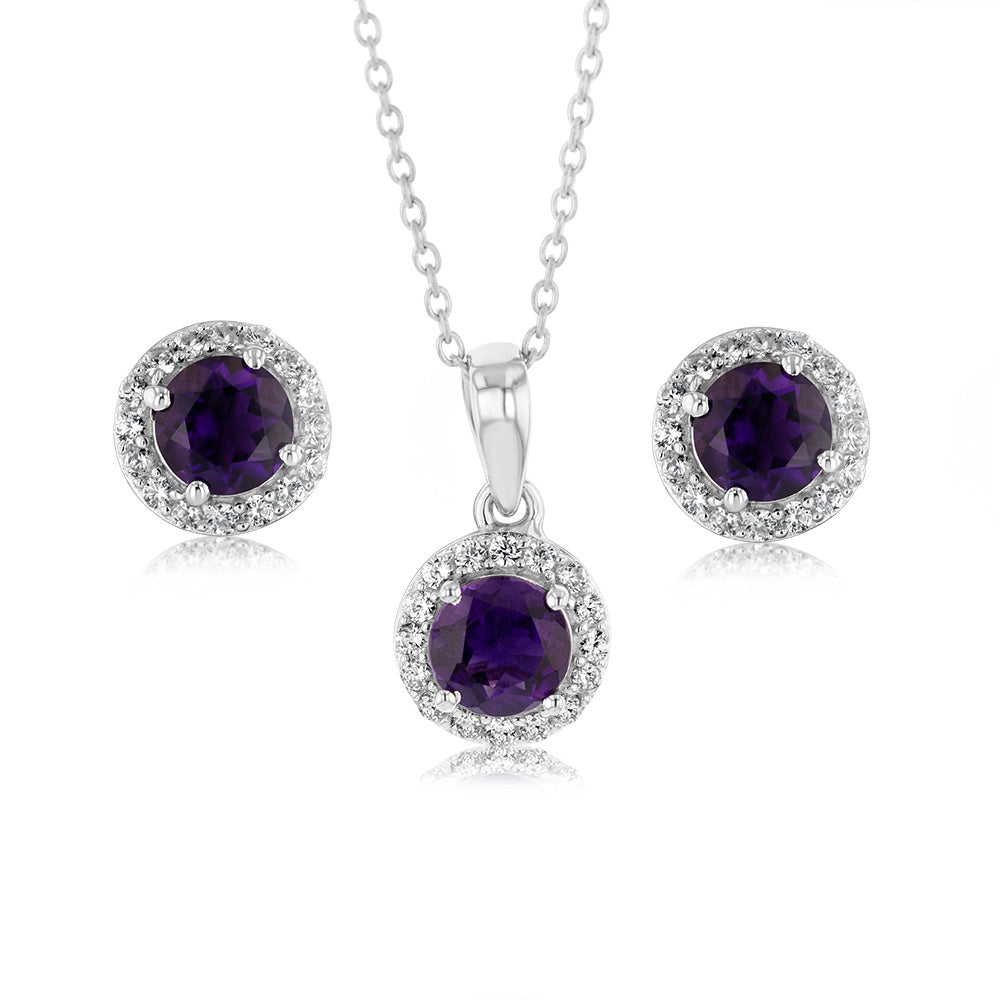 Amethyst and White Zirconia Earring and Pendant on Chain in Sterling Silver