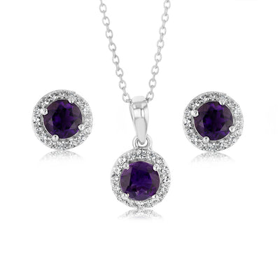 Amethyst and White Zirconia Earring and Pendant on Chain in Sterling Silver