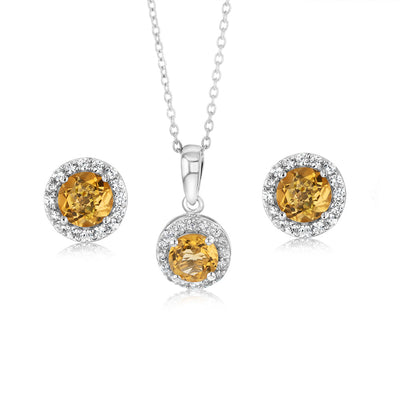 Citrine and White Zirconia Earring and Pendant Set on Chain in Sterling Silver