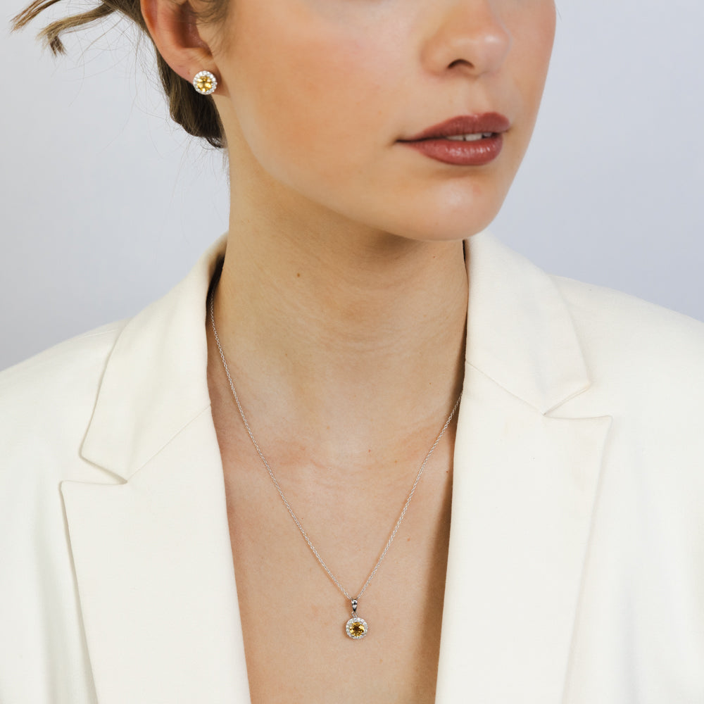 Citrine and White Zirconia Earring and Pendant Set on Chain in Sterling Silver