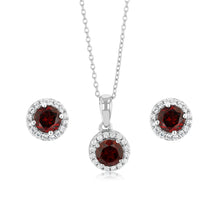 Load image into Gallery viewer, Garnet and White Zirconia Earring and Pendant Set on Chain in Sterling Silver
