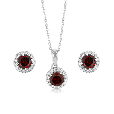 Garnet and White Zirconia Earring and Pendant Set on Chain in Sterling Silver