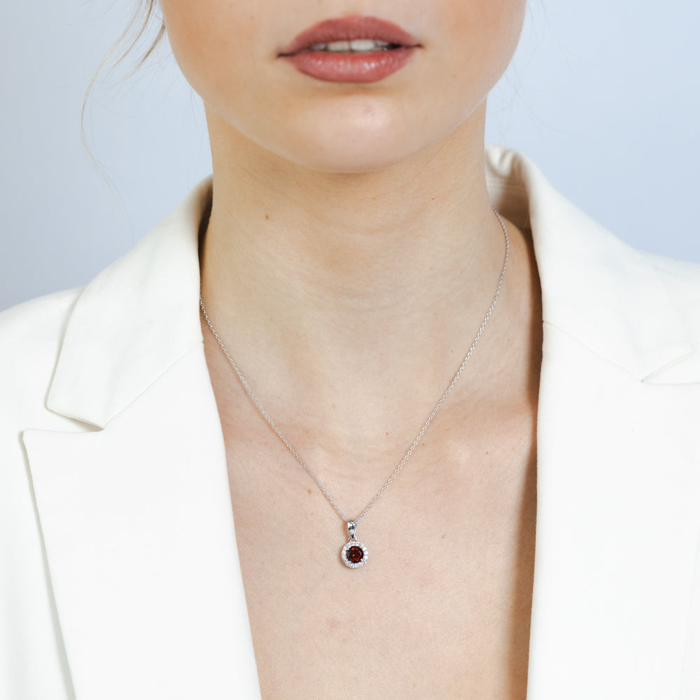 Garnet and White Zirconia Earring and Pendant Set on Chain in Sterling Silver