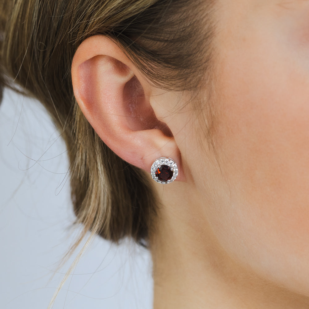 Garnet and White Zirconia Earring and Pendant Set on Chain in Sterling Silver