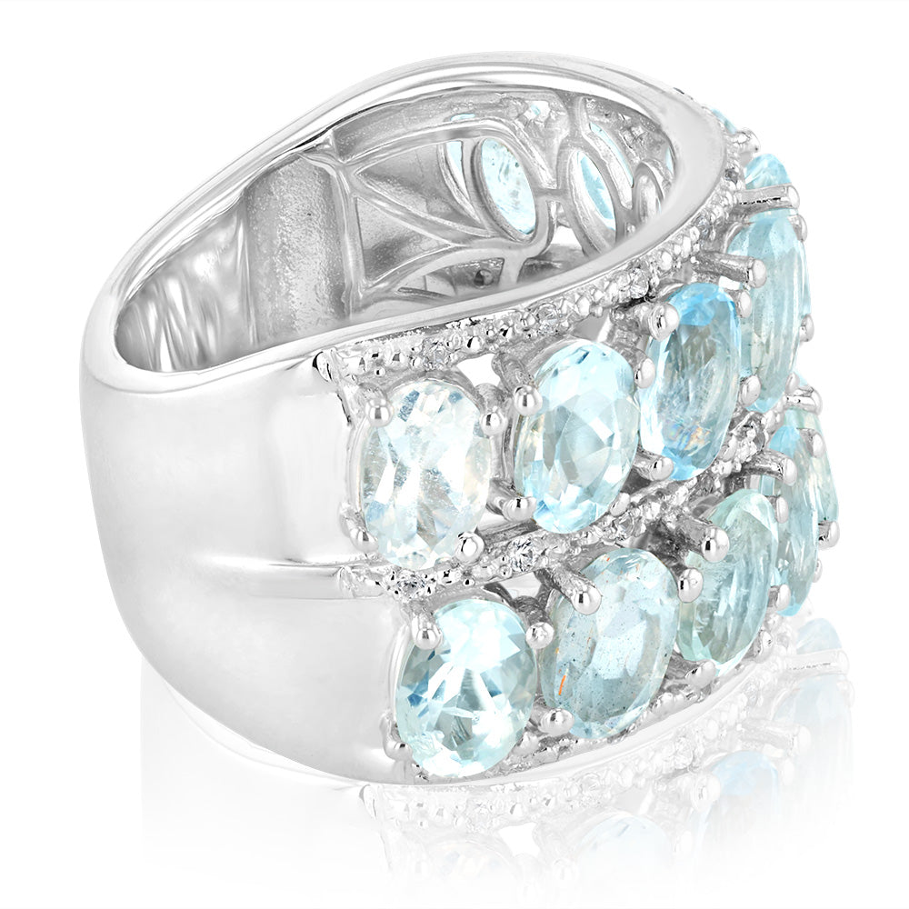 Natural Aquamarine and White Zirconia Ring in Sterling Silver