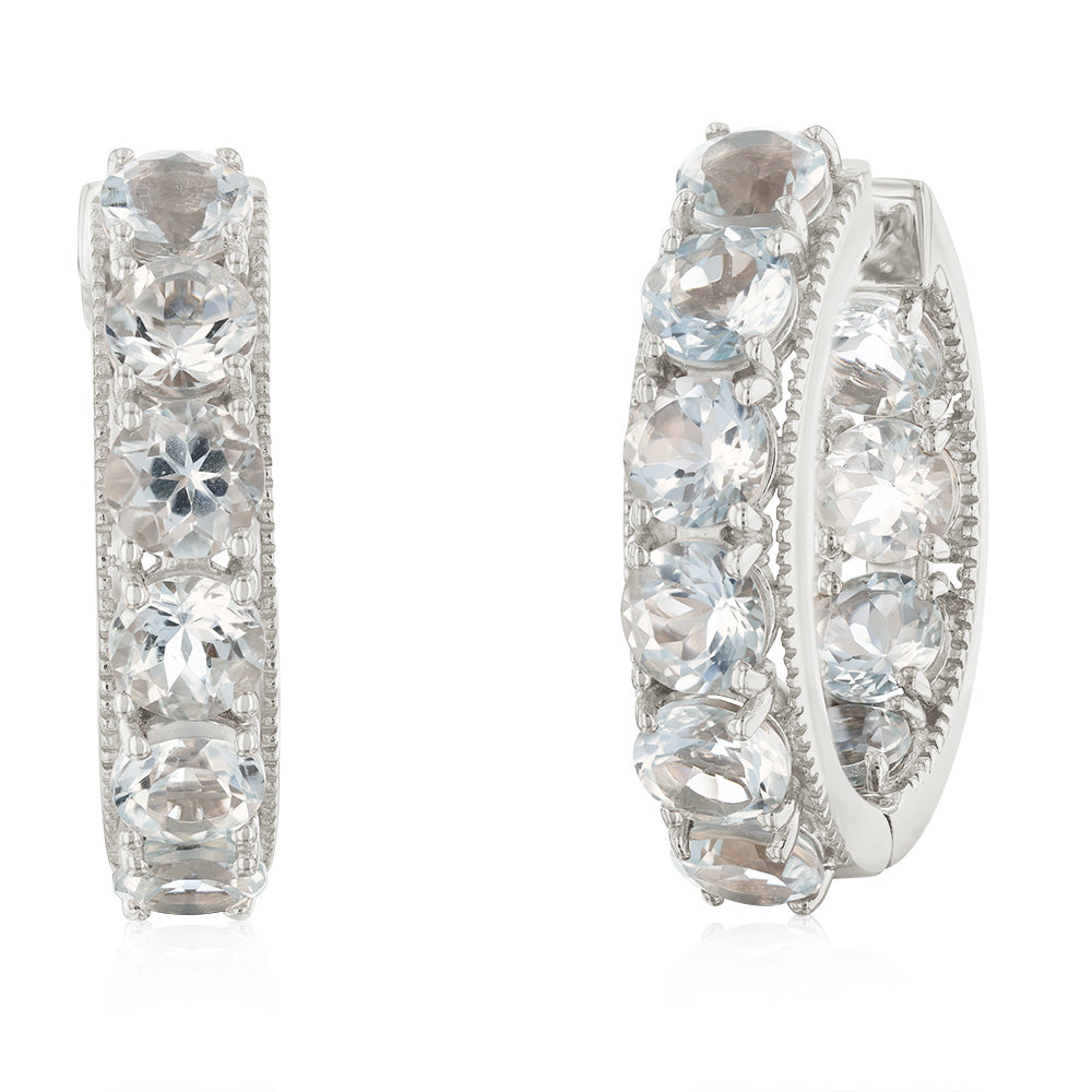 Natural Aquamarine Hoop Earrings in Sterling SIlver