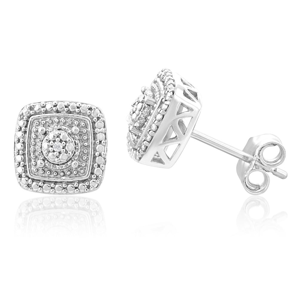 Sterling Silver With 2 Diamond Cushion Shape Earring Stud