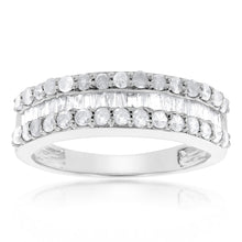 Load image into Gallery viewer, Sterling Silver 1.1 Carat Diamond Ring with Round Brilliant Cut and Baguette Diamonds