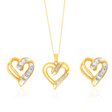 Load image into Gallery viewer, Gold Plated Silver 1/4 Carat Diamond Heart Pendant &amp; Earrings Set Chain Included