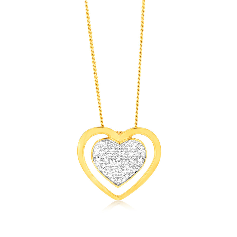 Gold Plated Sterling Silver Double Heart 0.05Ct Diamond Pendant