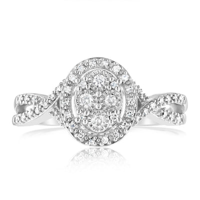 Sterling Silver 1/5 Carat Diamonds Oval Cluster Ring with 50 Round brilliant Cut Diamonds