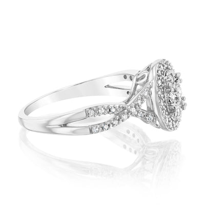 Sterling Silver 1/5 Carat Diamonds Oval Cluster Ring with 50 Round brilliant Cut Diamonds