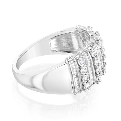 Sterling Silver 1/5 Carat Diamond Ring with Round Brilliant Cut and Baguette Diamonds