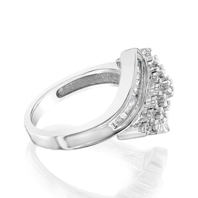 Sterling Silver 1/3 Carat Diamond Ring With Round and Baguette Cut Diamonds