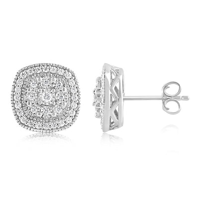 Sterling Silver 0.45 Carat Diamond Cushion Shape Cluster Stud Earrings with Round Brilliant Diamonds