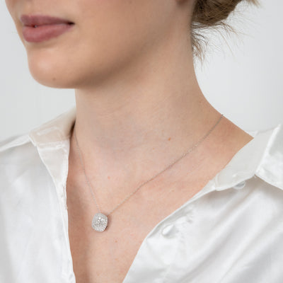 Sterling Silver 0.45 Carat Diamond Cushion Cluster Pendant with Round Brilliant Cut Diamonds on 45cm Chain