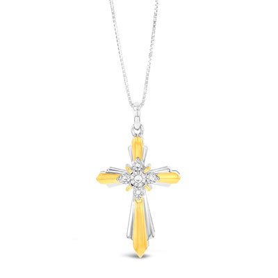 Gold Plated Sterling Silver Cross Diamond Pendant with 5 Round Diamonds on 46cm Chain