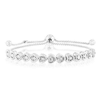 Sterling Silver Diamond Heart Slider Bracelet with 13 Round Brilliant Cut Diamonds