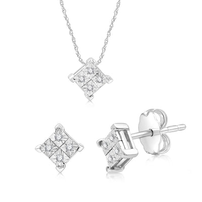 1/10 Carat Diamond Earrings and Pendant Set on 45cm Chain in Sterling Silver