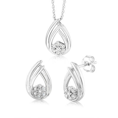 Diamond Pear Shaped Pendant and Earring Set in Sterling Silver on 45cm Chain