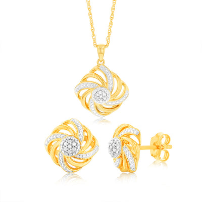 Diamond Swirl Pendant & Earring with Diamond Set on 45cm Chain in Gold Plated Sterling Silver