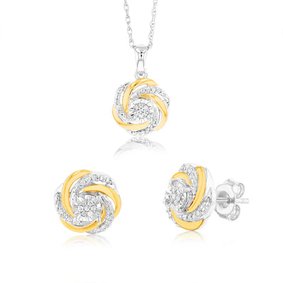 Natural Diamond Round Shaped Pendant+ Earring Set-in Gold-Plated Sterling Silver