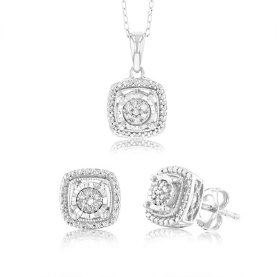 1/10 Carat Natural Diamond Pendant & Earring Set in Sterling Silver