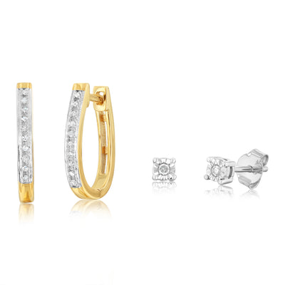 1/10 Carat Diamond Earrings Set Hoop Earrings in Gold Plated Silver and Stud Earrings in Sterling Silver
