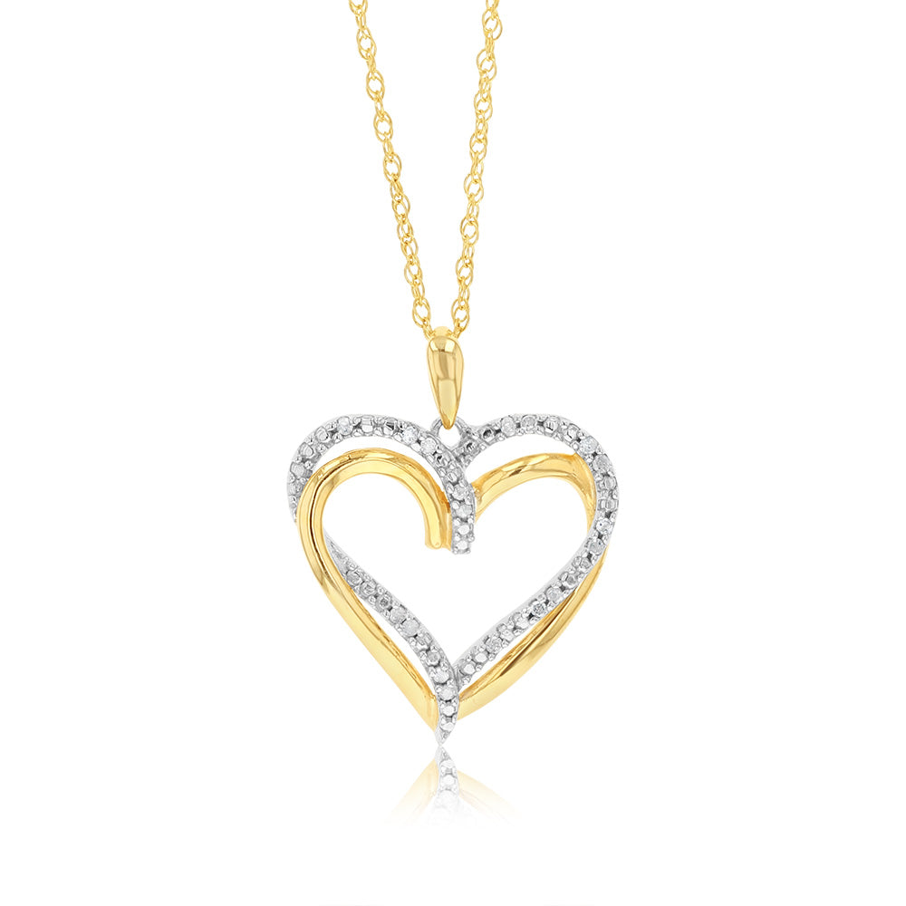 18 Diamonds Heart 2 Tone Pendant on 45cm Chain in in Gold Plated Sliver