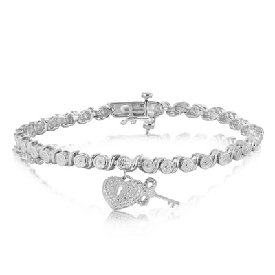 5 Points Diamond Heart Lock & Key 17.5cm Bracelet in Sterling Silver