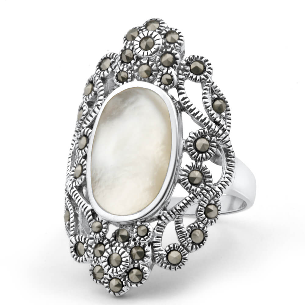 Sterling Silver Mother Of Pearl and Marcasite Ring