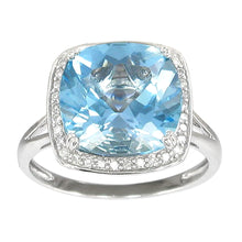 Load image into Gallery viewer, Sterling Silver Blue Topaz 12mm Cushion Cut &amp; White Topaz Ring