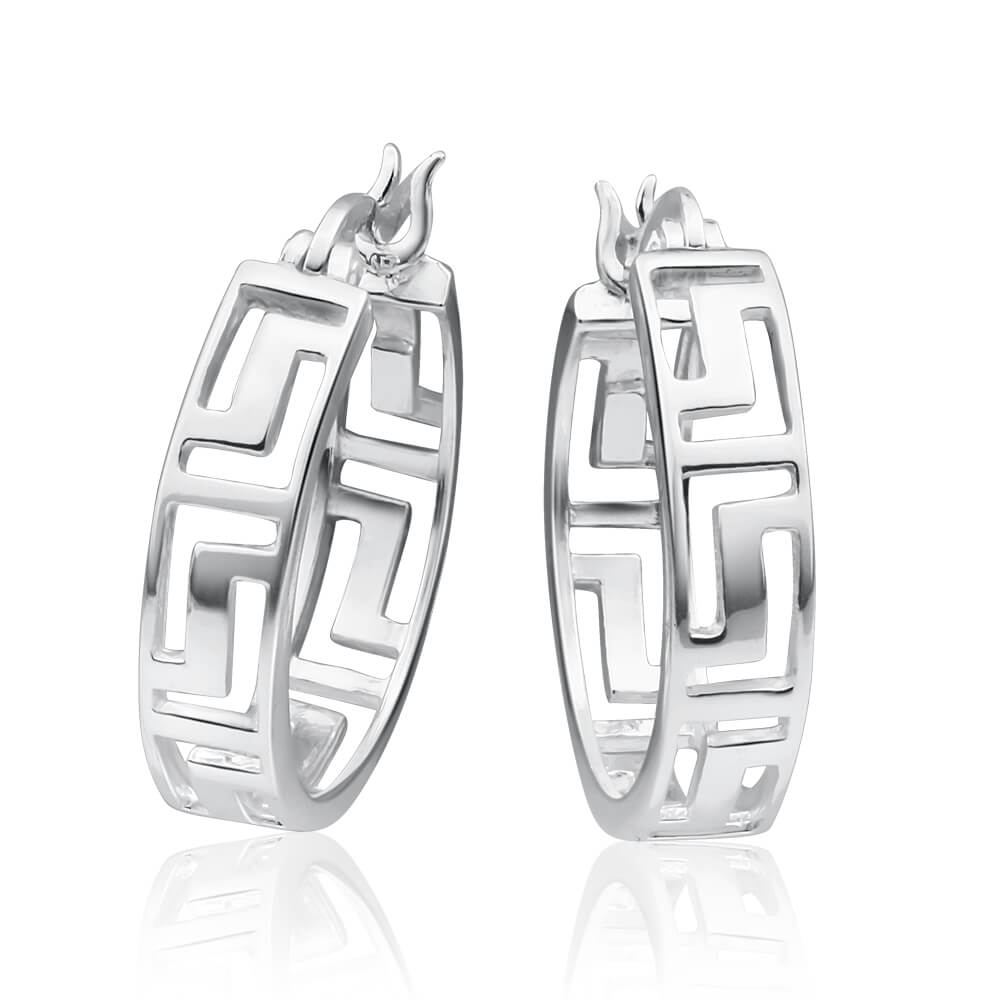 Sterling Silver Hoop Greek Key Earrings