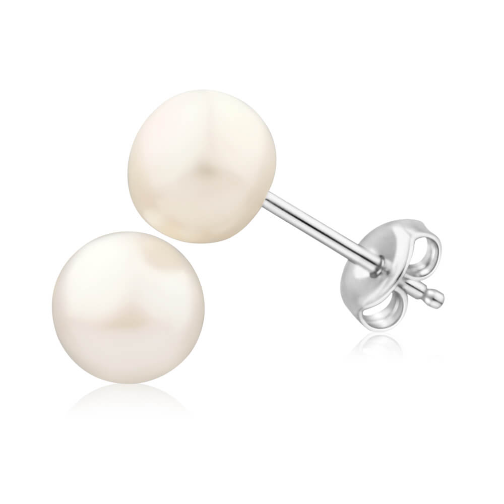 Sterling Silver Cream Freshwater Button Pearl Stud Earrings 6.5-7mm