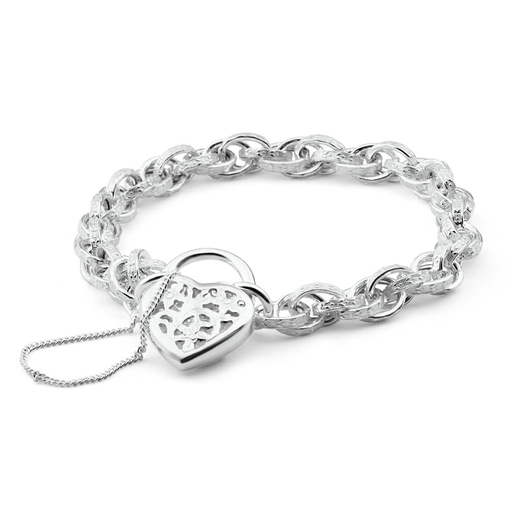 Sterling Silver Fancy Engraved Link Filigree Heart Bracelet