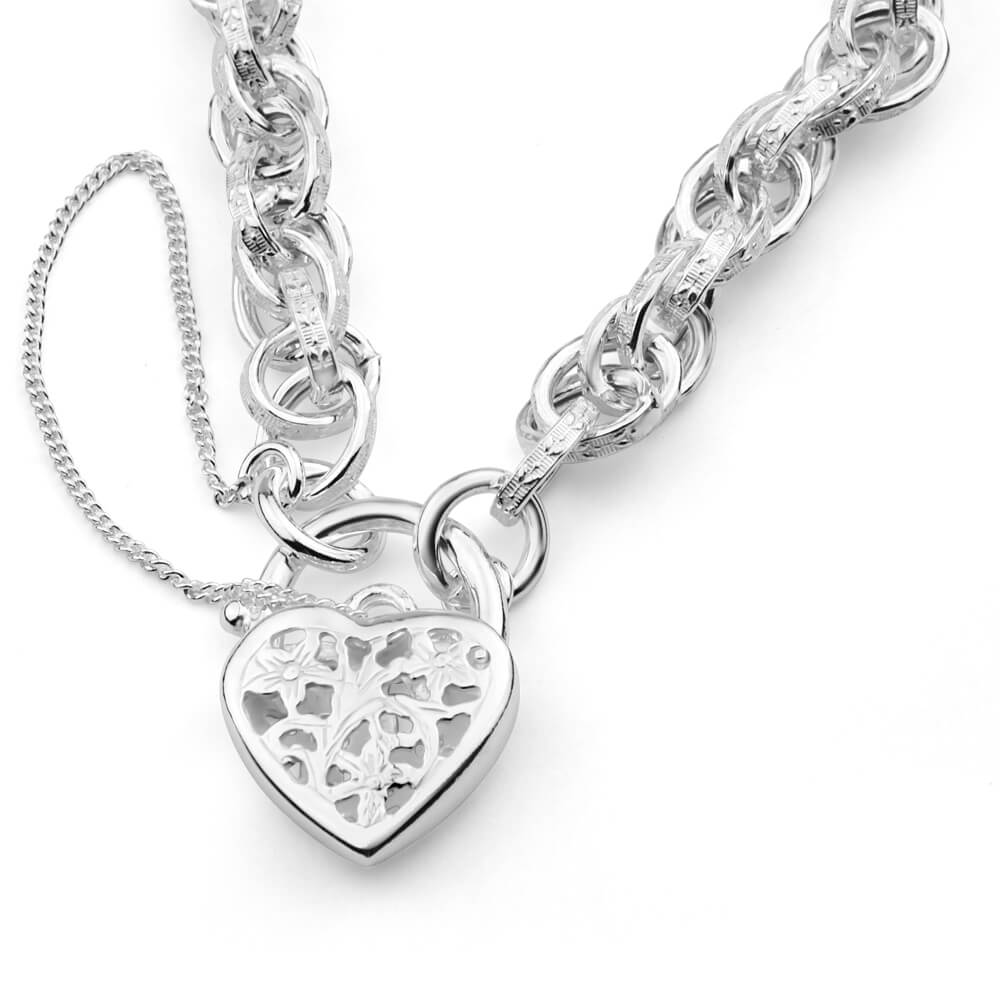 Sterling Silver Fancy Engraved Link Filigree Heart Bracelet