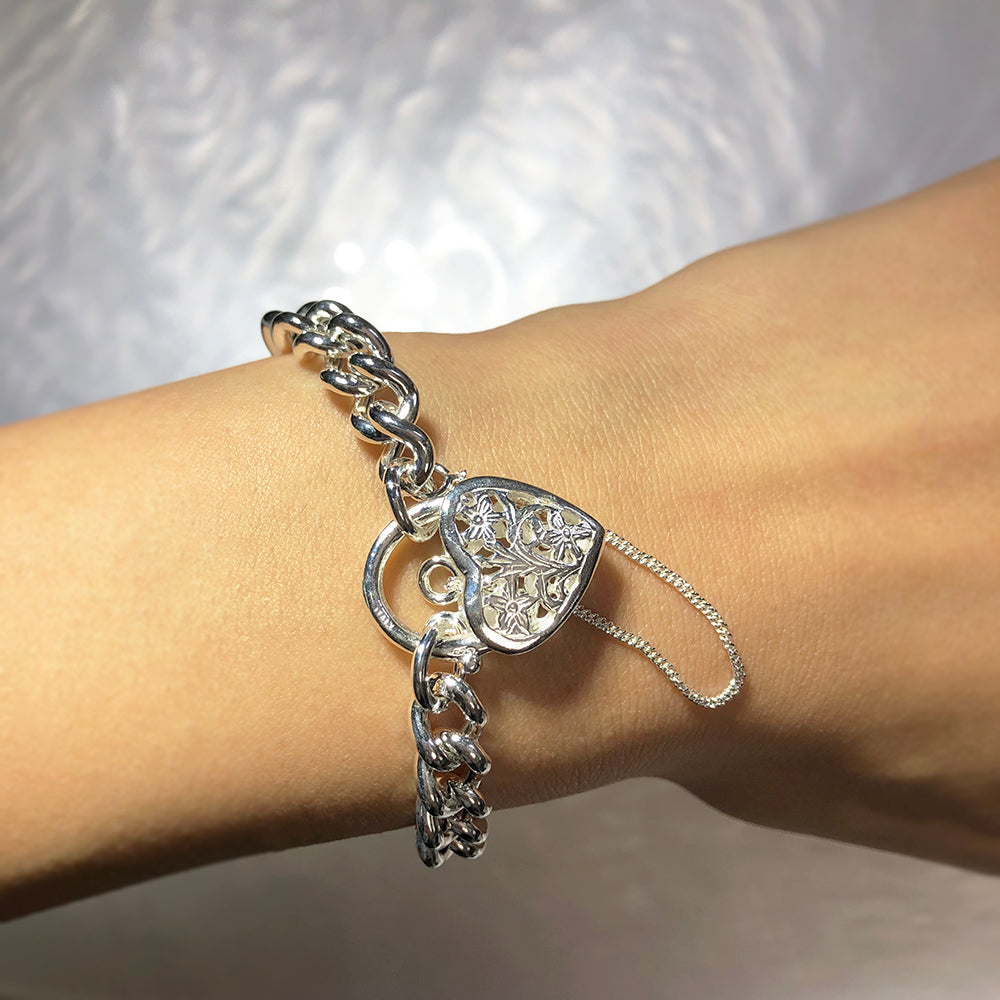 Sterling Silver Curb Filigree Heart Bracelet