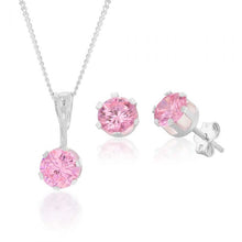 Load image into Gallery viewer, Sterling Silver Pink Cubic Zirconia Stud Earrings and Pendant on Chain Set
