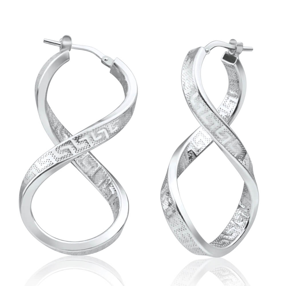 Sterling Silver Greek Key Creole Hoop Earrings 