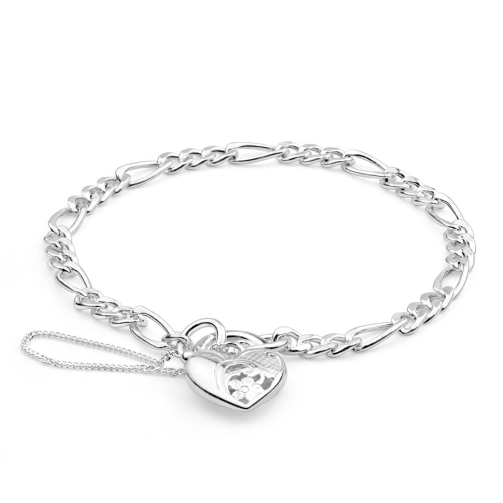 Sterling Silver Figaro 1:3 Heart Padlock Bracelet