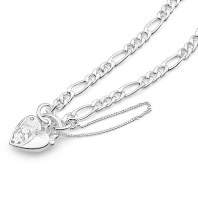 Sterling Silver Figaro 1:3 Heart Padlock Bracelet