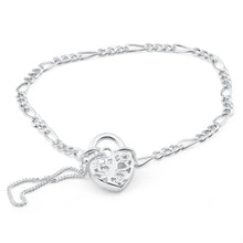 Load image into Gallery viewer, Sterling Silver Figaro 1:3 Heart Padlock Bracelet